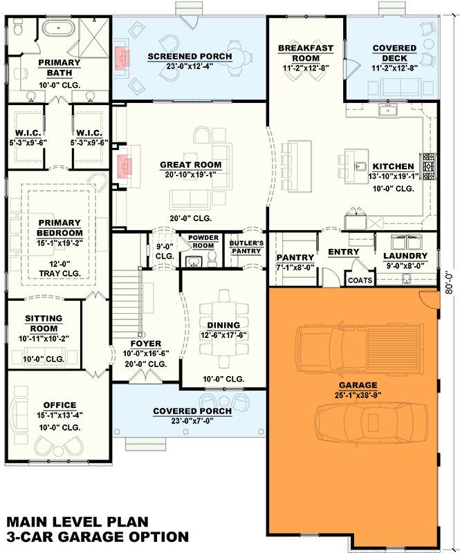 Plan 810000RBT: New American Home Plan with Master Sitting Room and Adjoining Office - Floor Plan - 3-Car Side Garage Option ($ Paid Upgrade) - Country, Craftsman, New American, Traditional