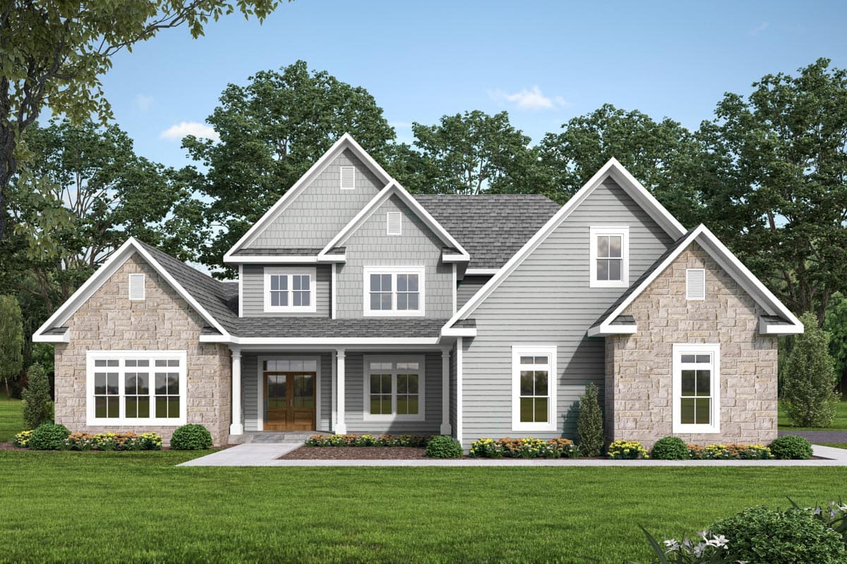 House plan exterior. Two-story home with a gabled roof, stone accents, and a front porch. Features include dormers and multiple gables.