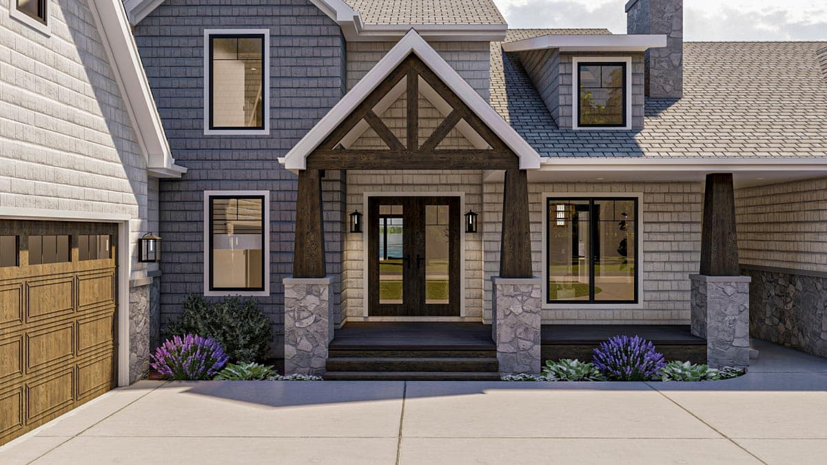 House plan exterior features a prominent gabled entryway with timber brackets, stone-clad porch columns, and horizontal siding.