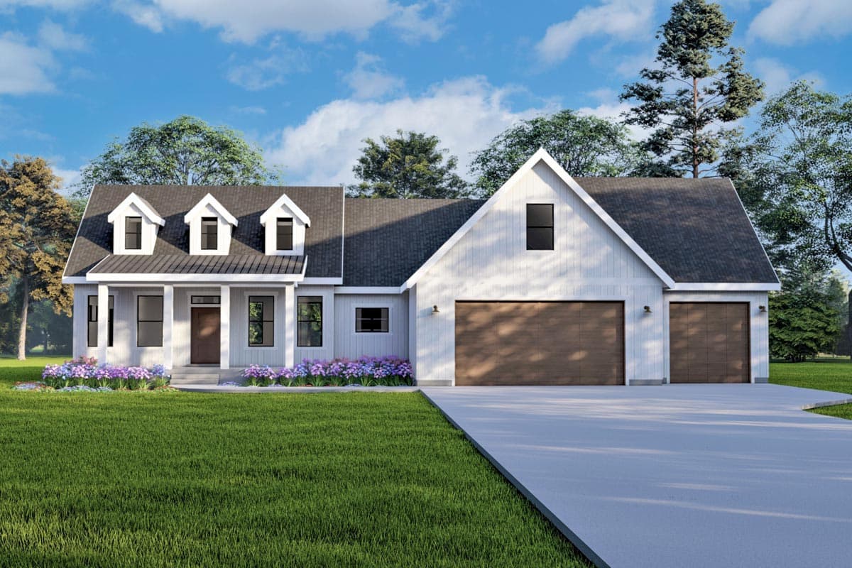 House plan exterior in a farmhouse style with three dormers, a front porch, and a gable roof over a two-car garage.