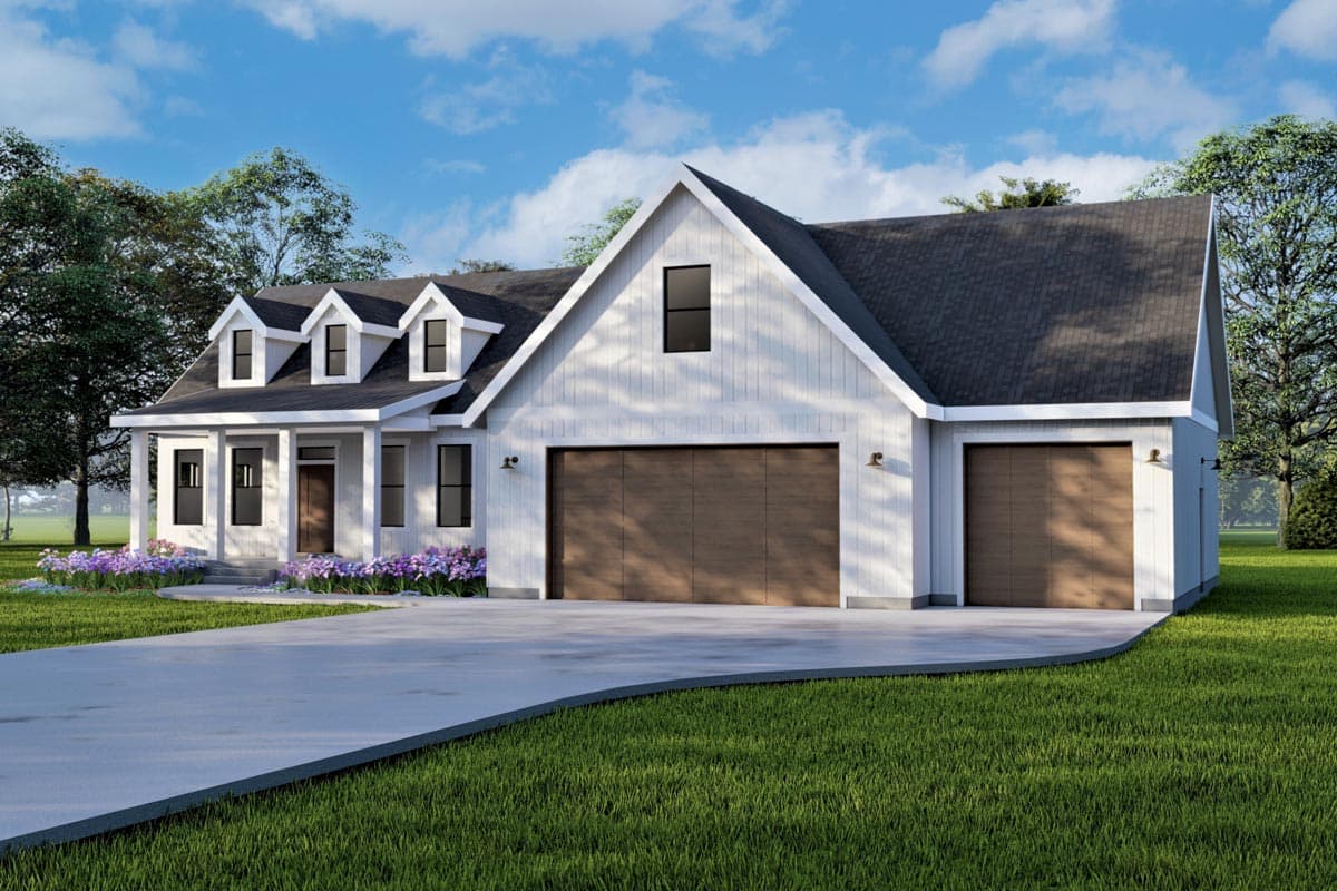 Modern Farmhouse house plan exterior with three dormers, covered front porch, and a side-facing attached three-car garage.