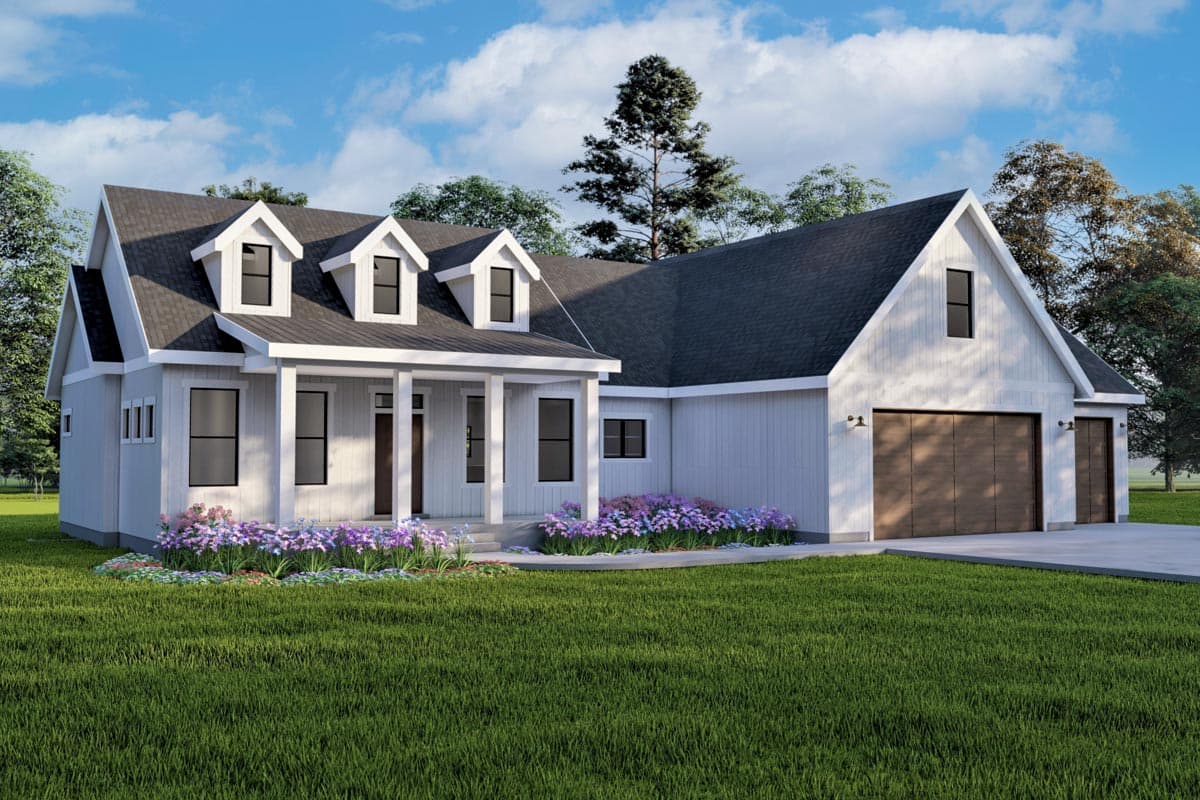 Modern Farmhouse house plan exterior with a covered porch, three dormers, and an attached three-car garage.