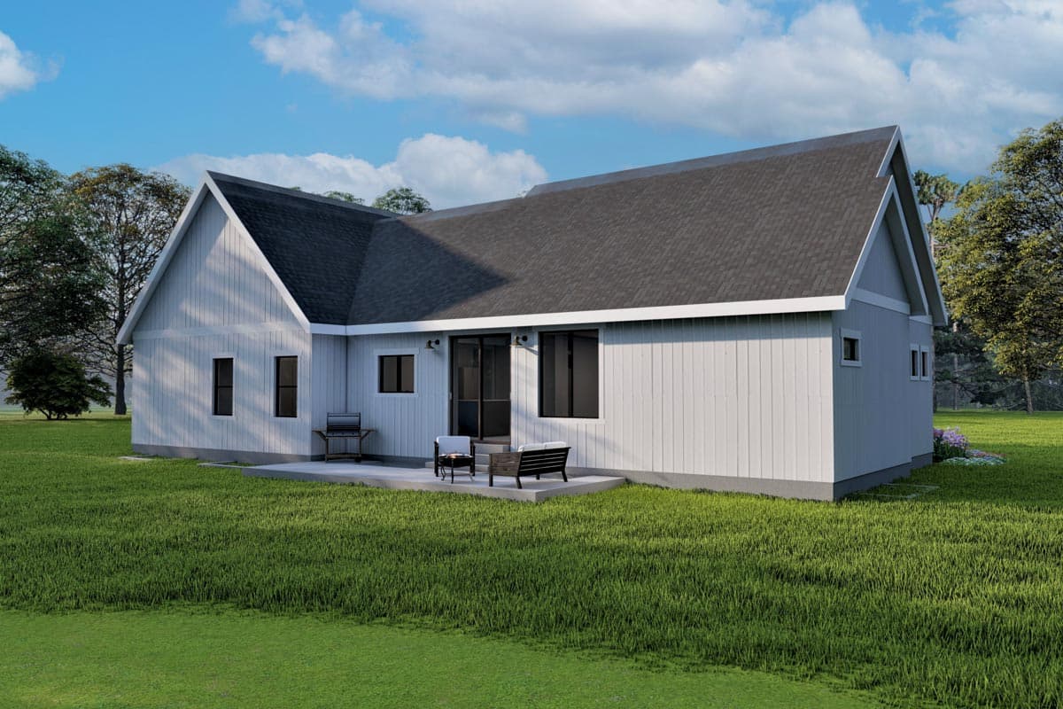 Modern Farmhouse style house plan exterior with board and batten siding, steeply pitched gables, and a patio.