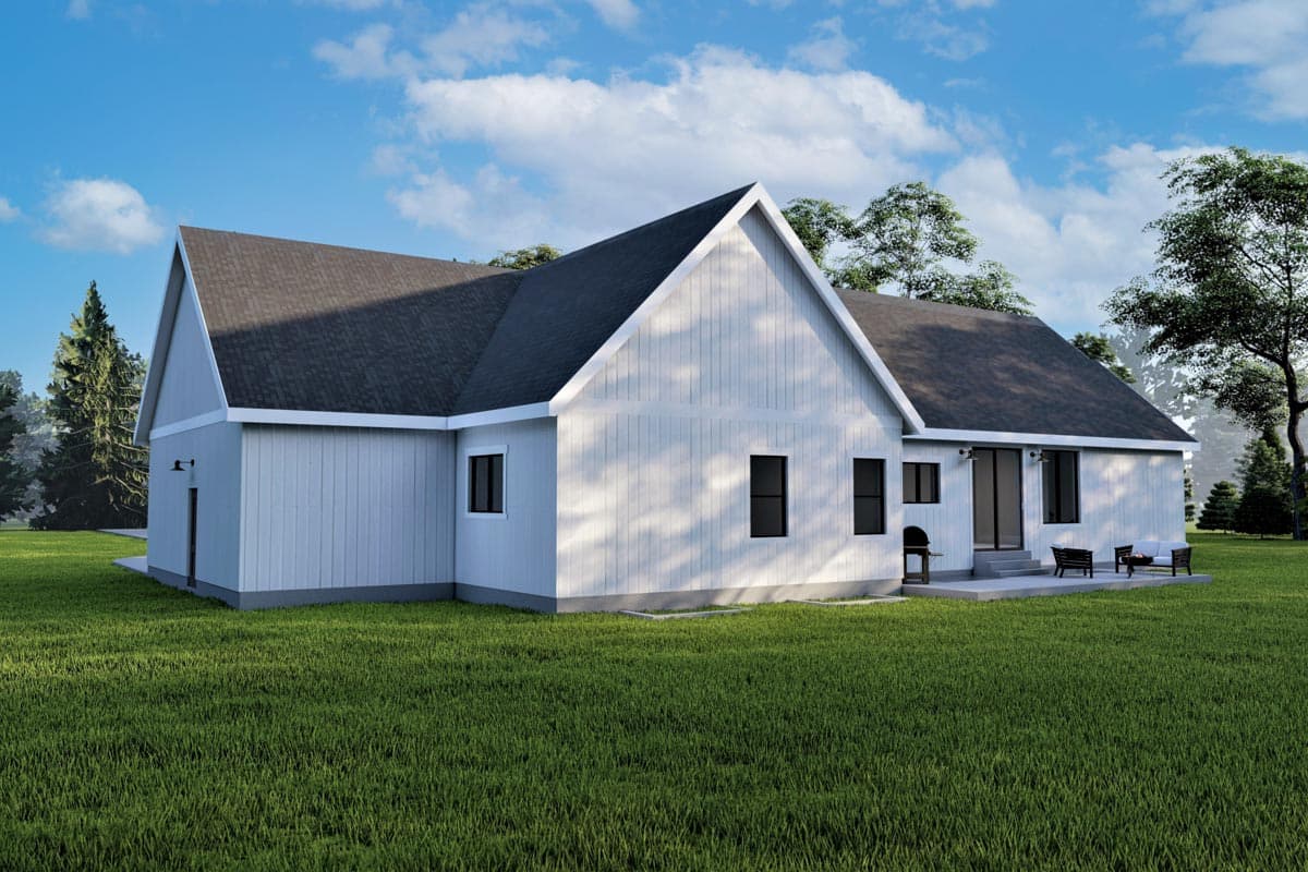 House plan exterior: Modern farmhouse style, one story, white vertical siding, prominent gables, and dark asphalt roof.