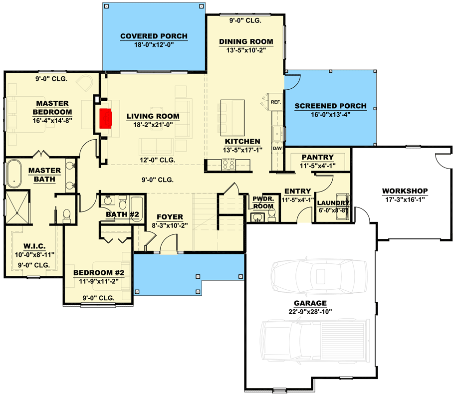 Plan 810001RBT: Country Craftsman Plan with Workshop - Floor Plan - Main Level - Country, Craftsman, Traditional