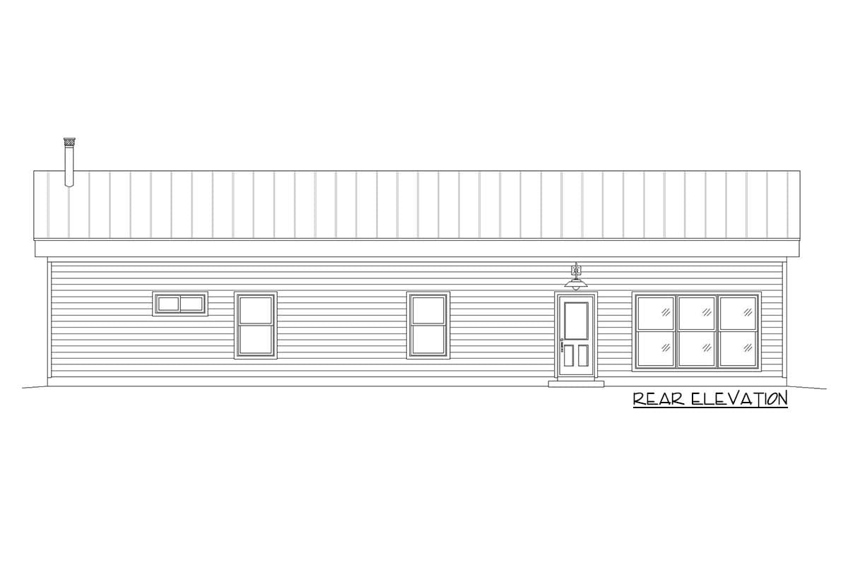 Rear elevation of a house plan, featuring horizontal siding, a metal roof, one door, and four windows.