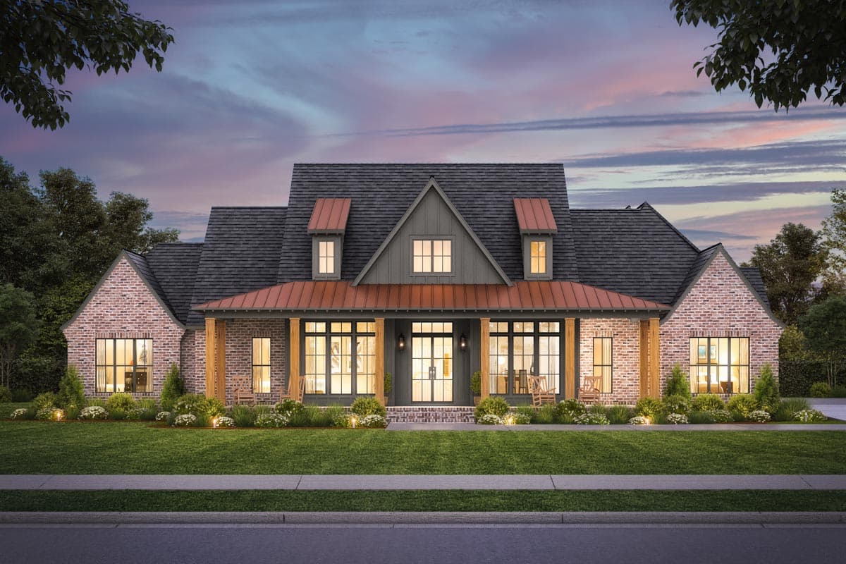 Modern Farmhouse house plan exterior with brick, copper roofed porch, gables, and dormers.