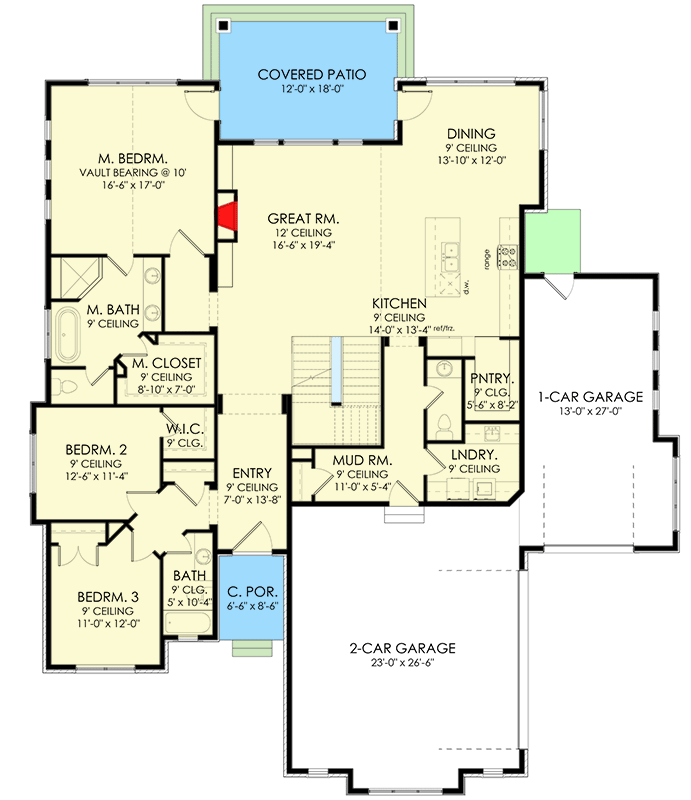 Plan 490022NAH: 2-Story New American Home Plan with Vaulted Master and Bedroom-with-Loft Upstairs - Floor Plan - Main Level - European, New American, Transitional