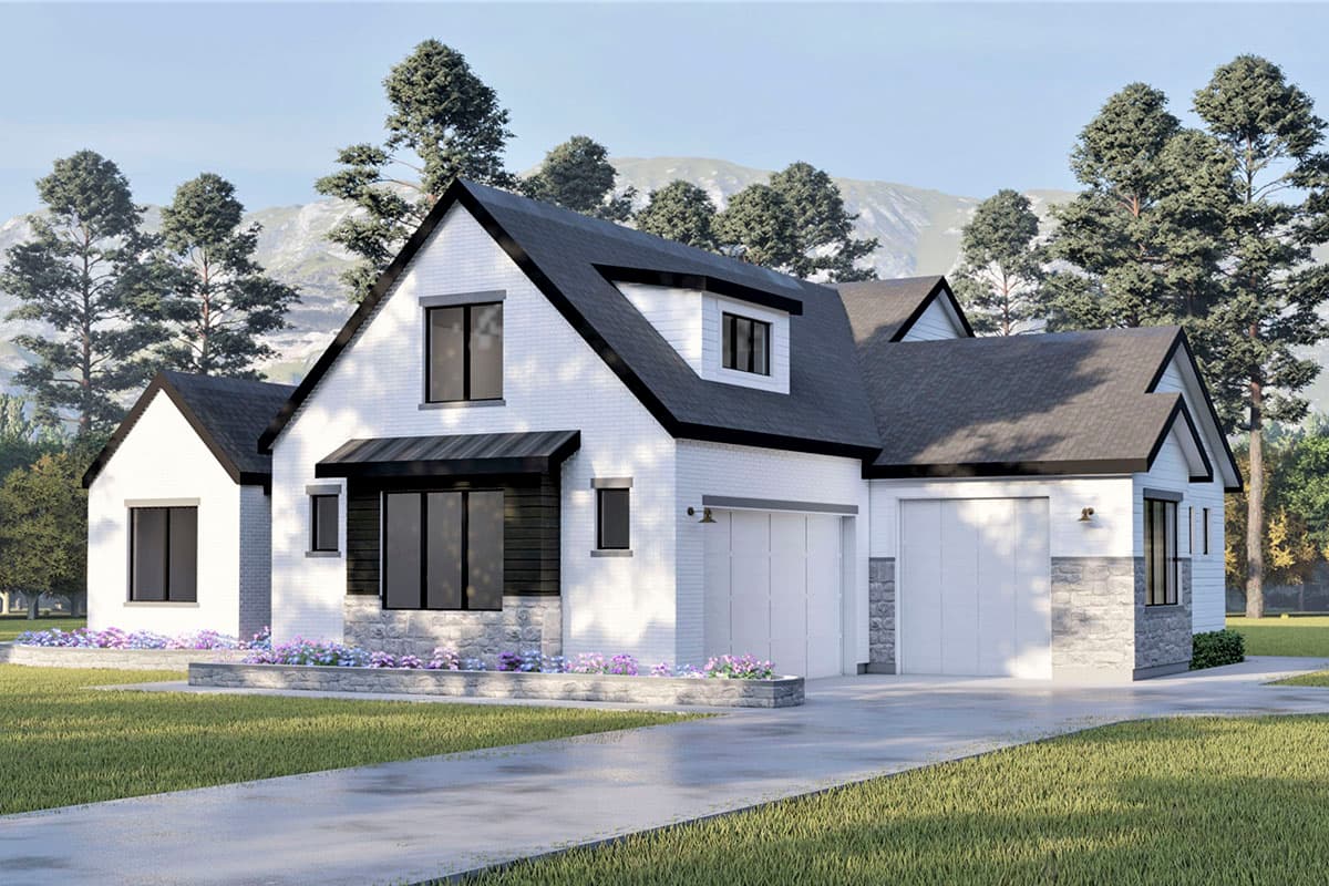 Modern Farmhouse house plan exterior with white brick, gables, dormers, and a two-car garage.
