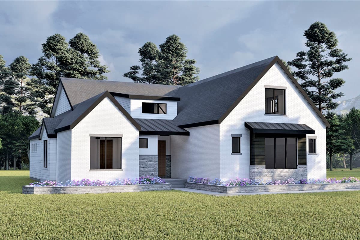 Modern farmhouse style house plan exterior with white brick, gabled rooflines, dormers, and stone accents.