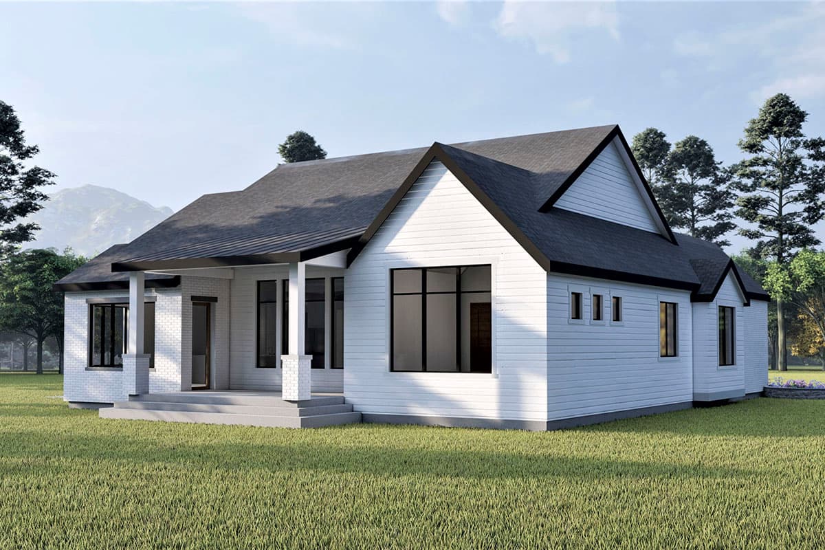 Modern ranch house plan exterior with a covered porch, gabled roof, and white horizontal siding.