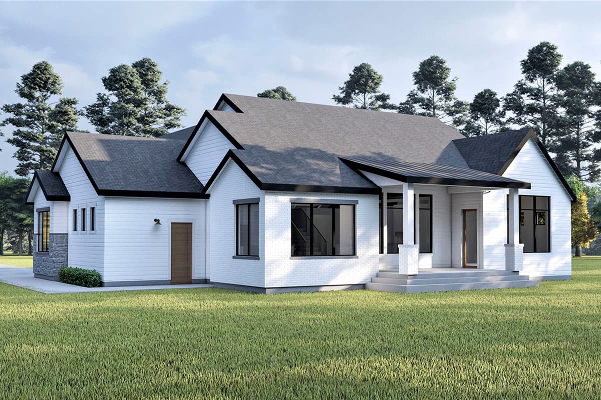 Modern house plan exterior with white brick, gables, metal roof overhang, and covered porch.