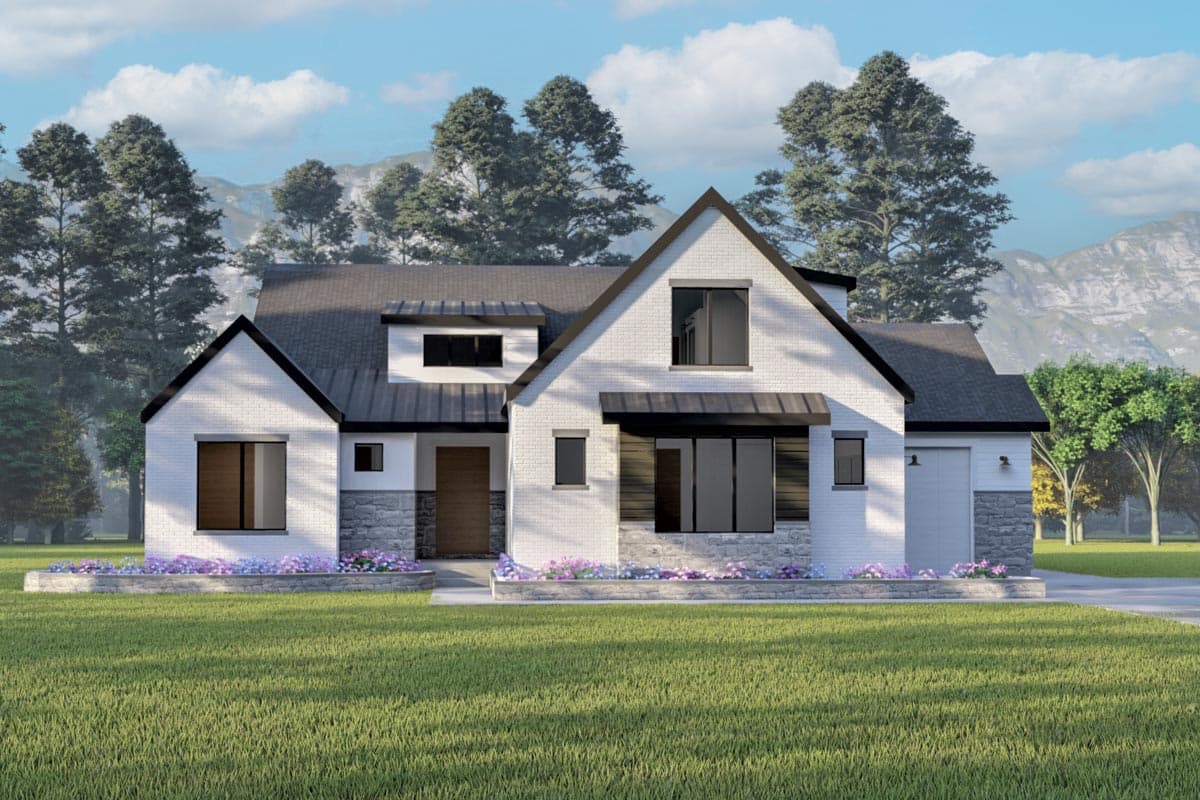 House plan exterior. Two-story Modern Farmhouse with gables, stone accents, and a shed-style roof over the entry and garage.
