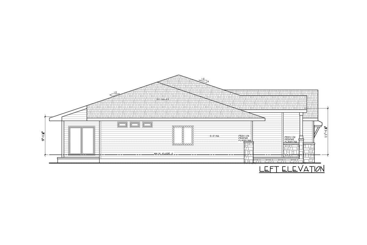 Left elevation house plan showing a single-story home with hip roof, siding, double doors, and stone-clad supports.