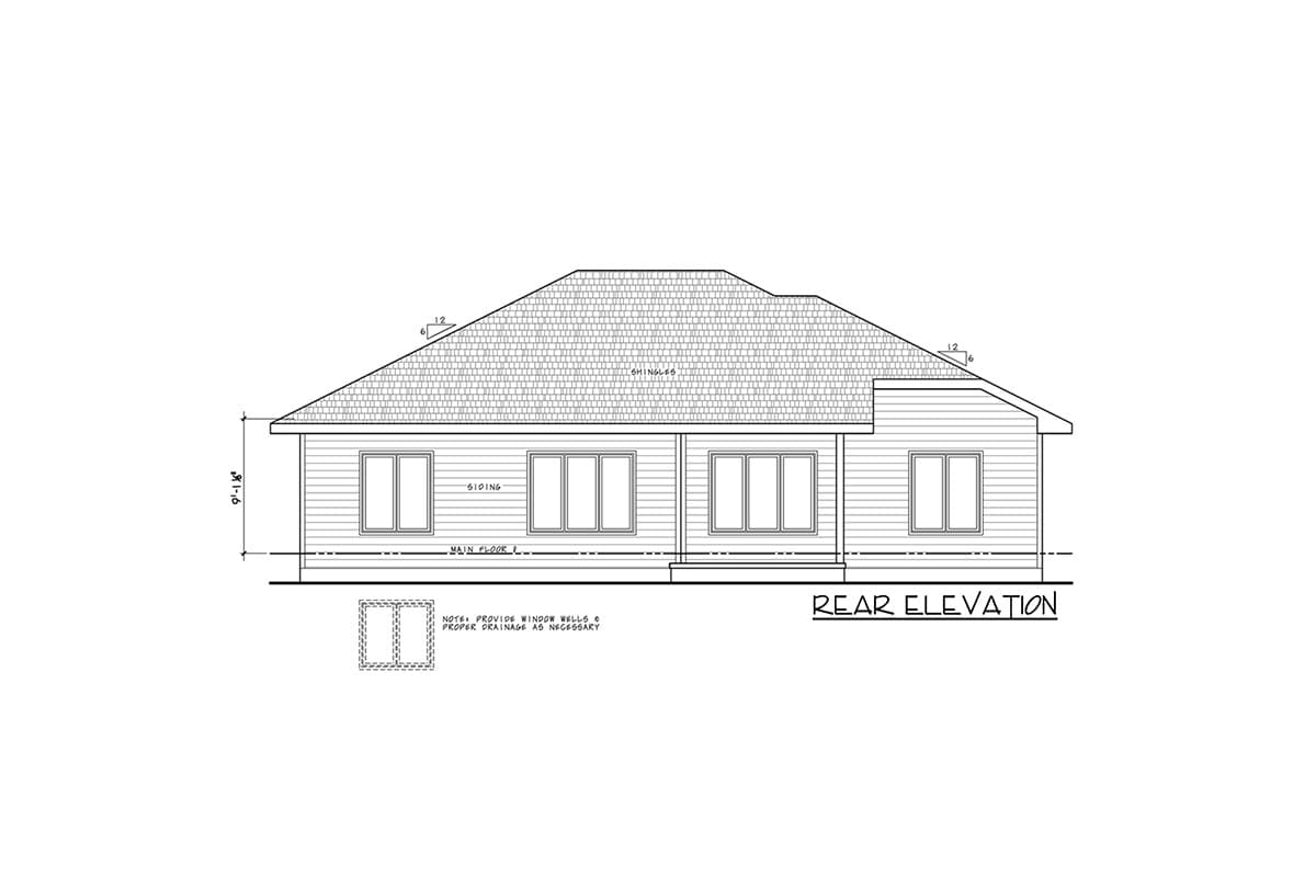 Rear elevation drawing of a single-story house plan with siding, asphalt shingles, and multiple windows.