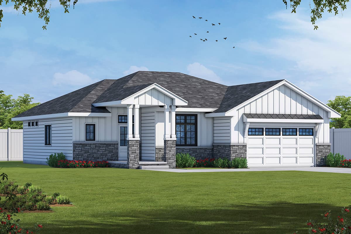 House plan exterior. Modern farmhouse style with gabled roof, stone accents, and front-facing garage. Single story with covered porch.
