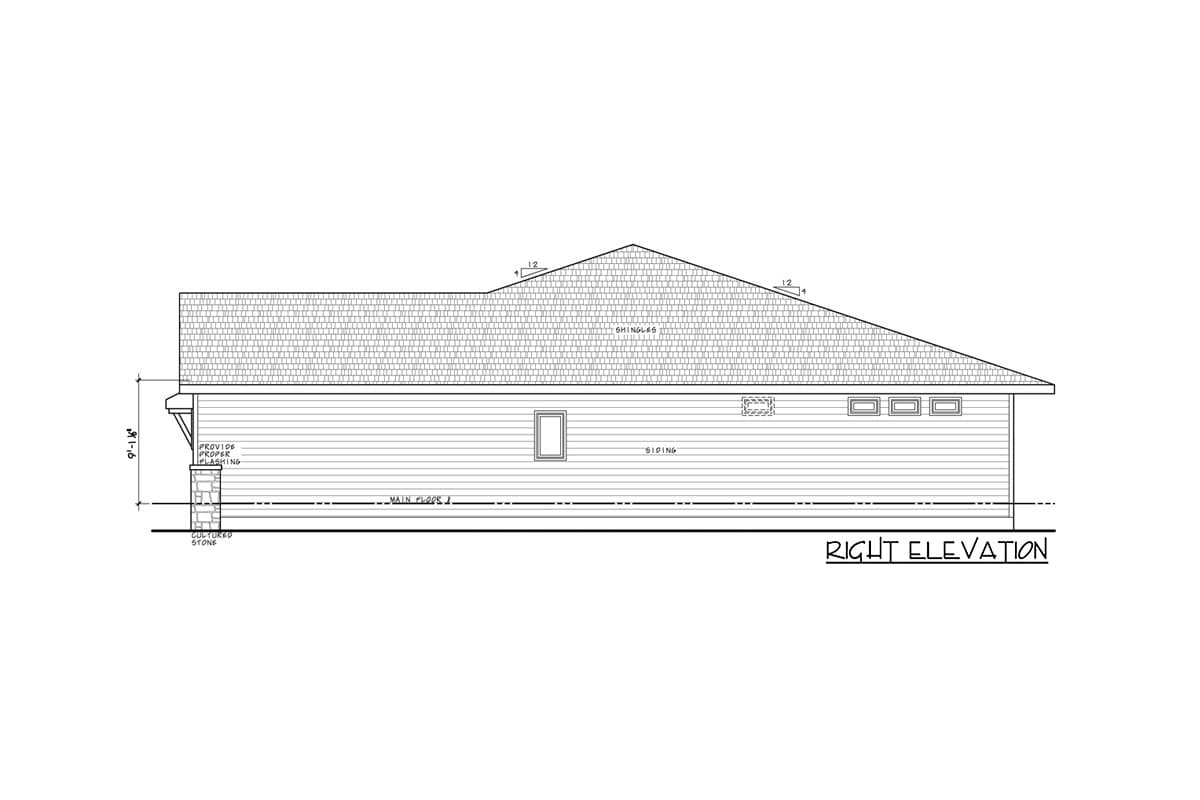 Right elevation drawing of house plan, showing a shed roof, siding, and three small square windows.