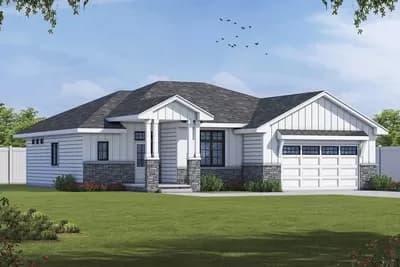 One-story New American Ranch Home Plan with Hidden Pantry and 2 Owner's Suites