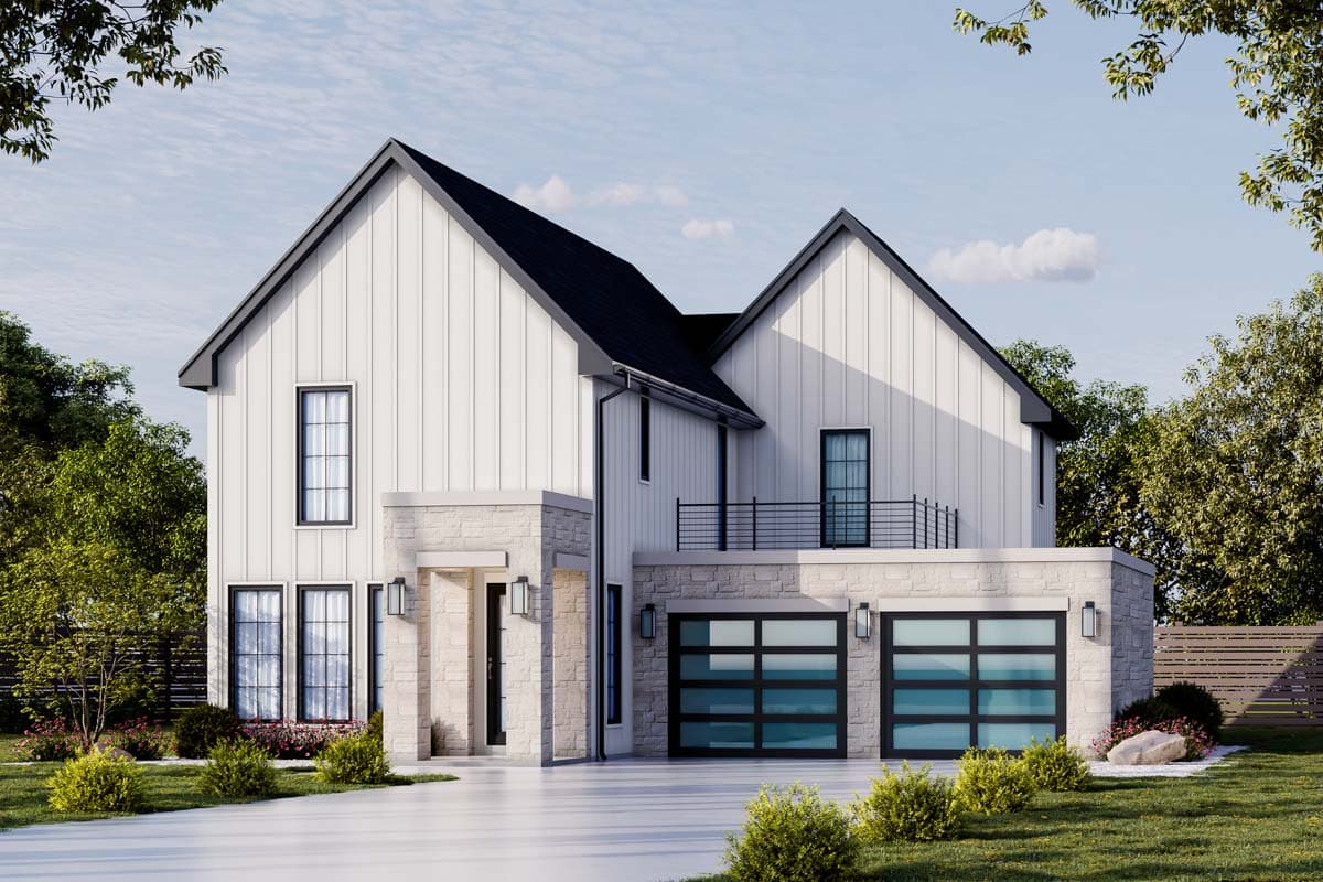 House plan exterior featuring Modern Farmhouse style with two stories, gabled rooflines, stone facade, and glass garage doors.