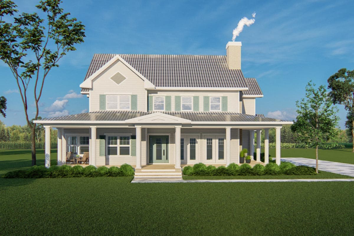 House plan exterior. Two-story Colonial with a front porch supported by columns. Features include gables, multiple windows, and a brick chimney.