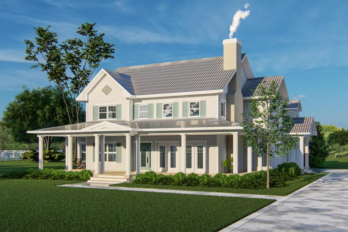 House plan exterior: two-story, L-shaped, full wrap-around porch with columns, gabled dormers, and stone chimney.