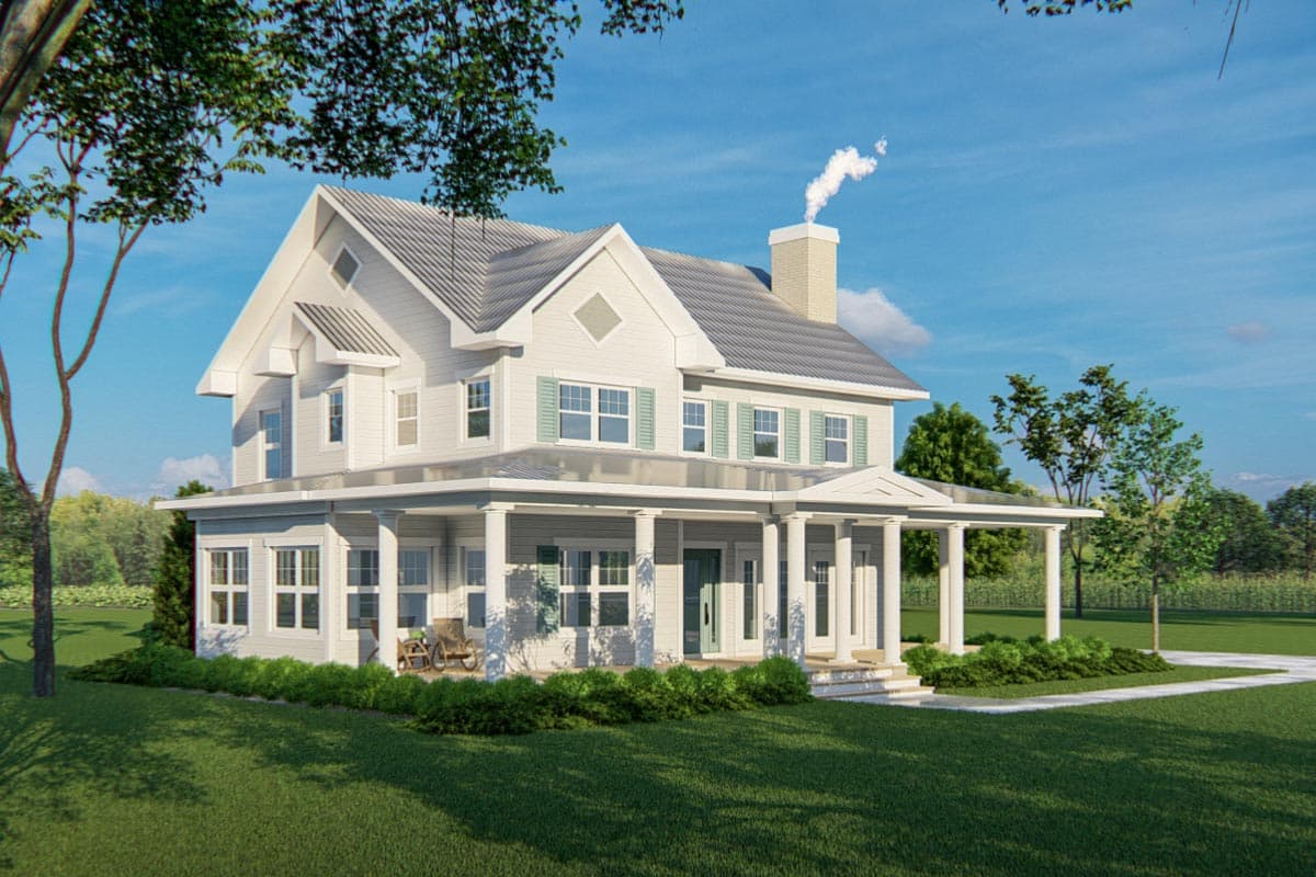 House plan exterior: two-story Modern Farmhouse with wraparound porch, multiple gables, and prominent chimney.
