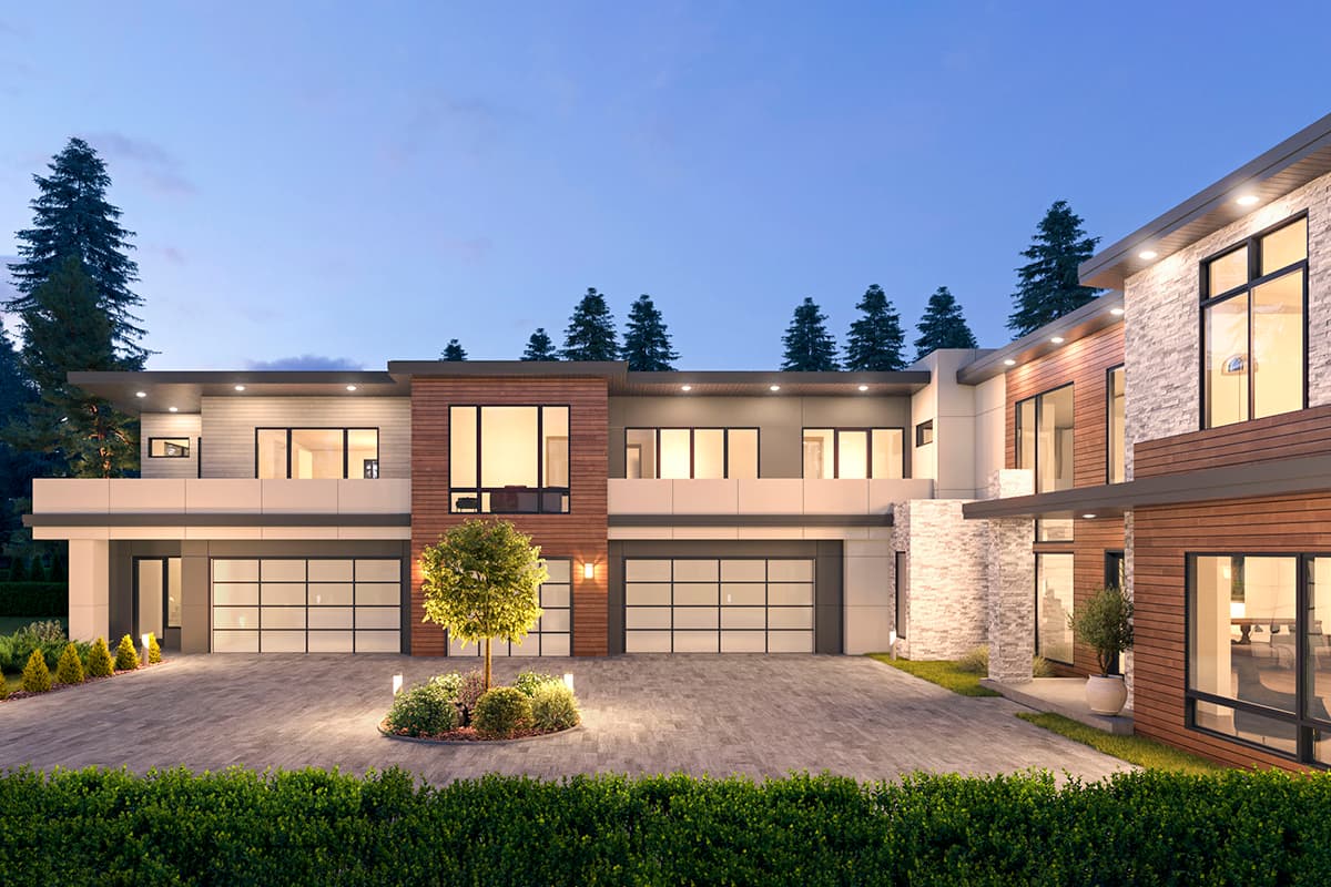 Modern house plan exterior with three garage bays, cantilevered balconies, and mixed materials including wood and stone.