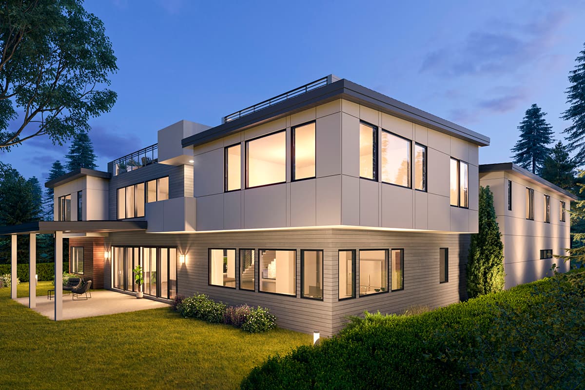 Modern house plan exterior with flat rooflines, multiple levels, large windows, and a covered patio.