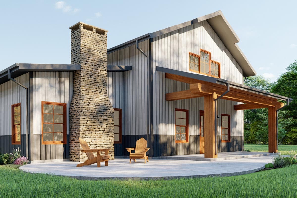 House plan exterior: Modern farmhouse style with stone chimney, gabled roof, metal siding, and covered wooden porch.