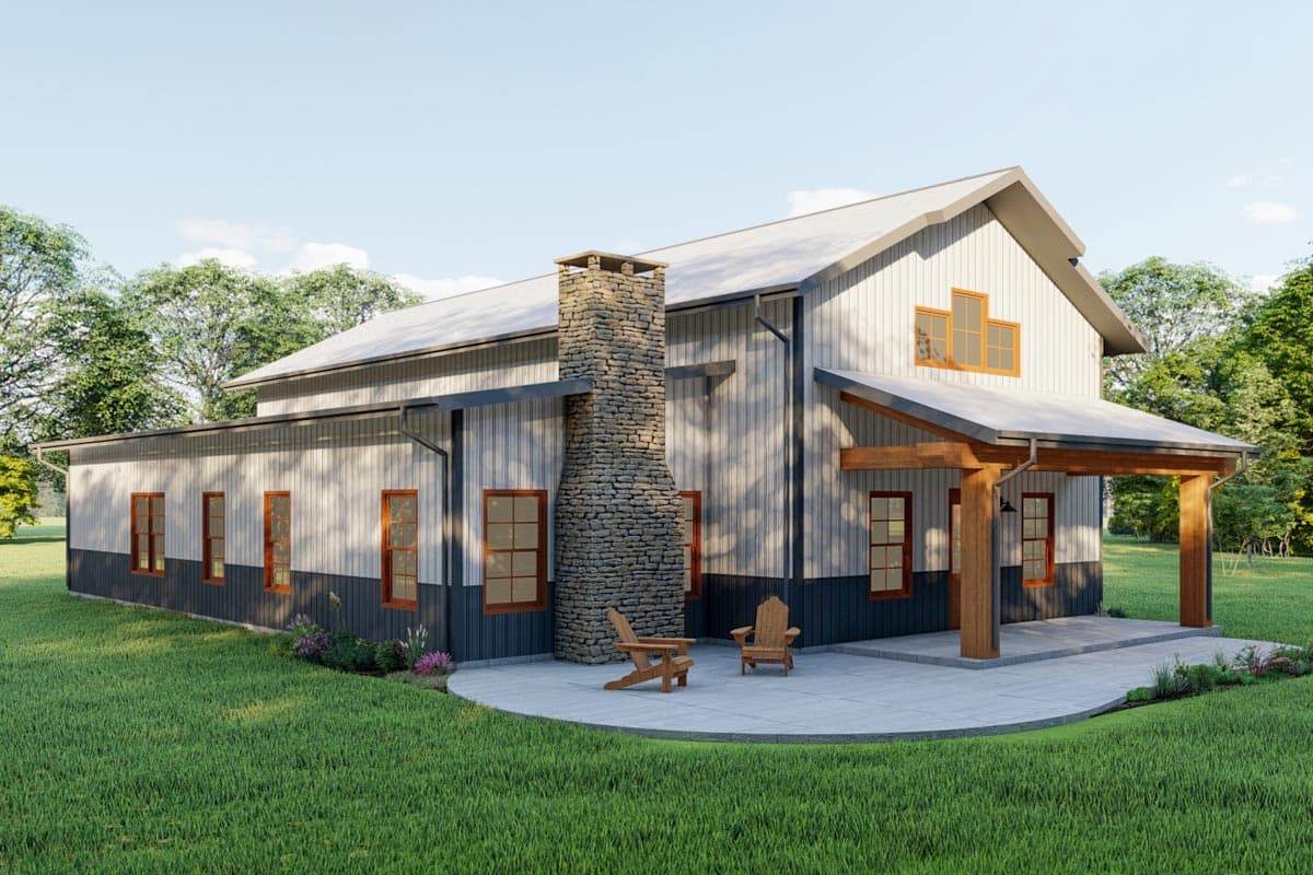 House plan exterior, modern farmhouse style, metal siding, large stone chimney, and covered porch.