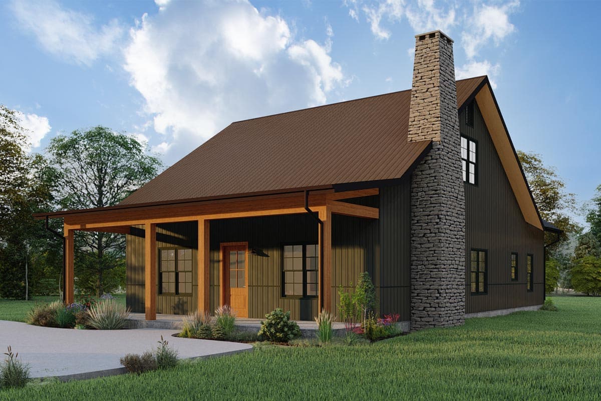 House plan exterior. One-story structure with a metal roof, a stone chimney, and a covered porch supported by timber posts.  Vertical siding visible.