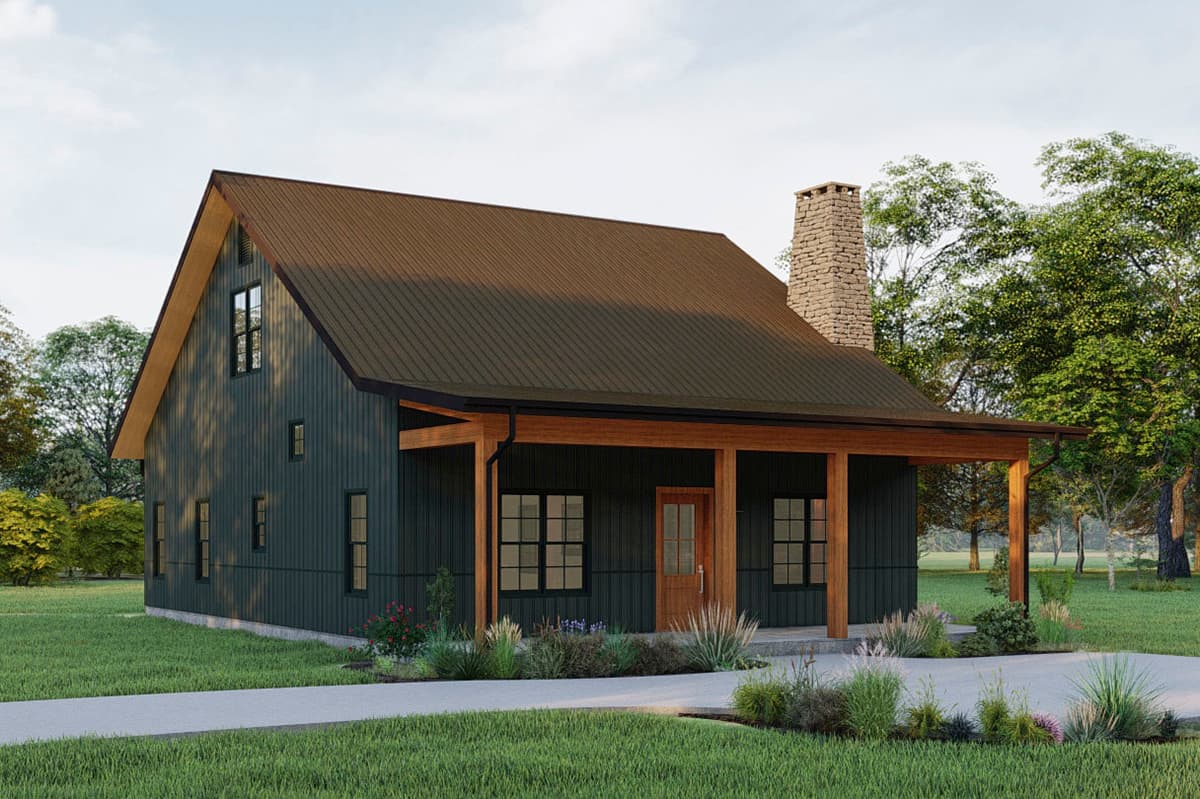 Modern Farmhouse house plan exterior with a large gabled roof, stone chimney, and a covered front porch.