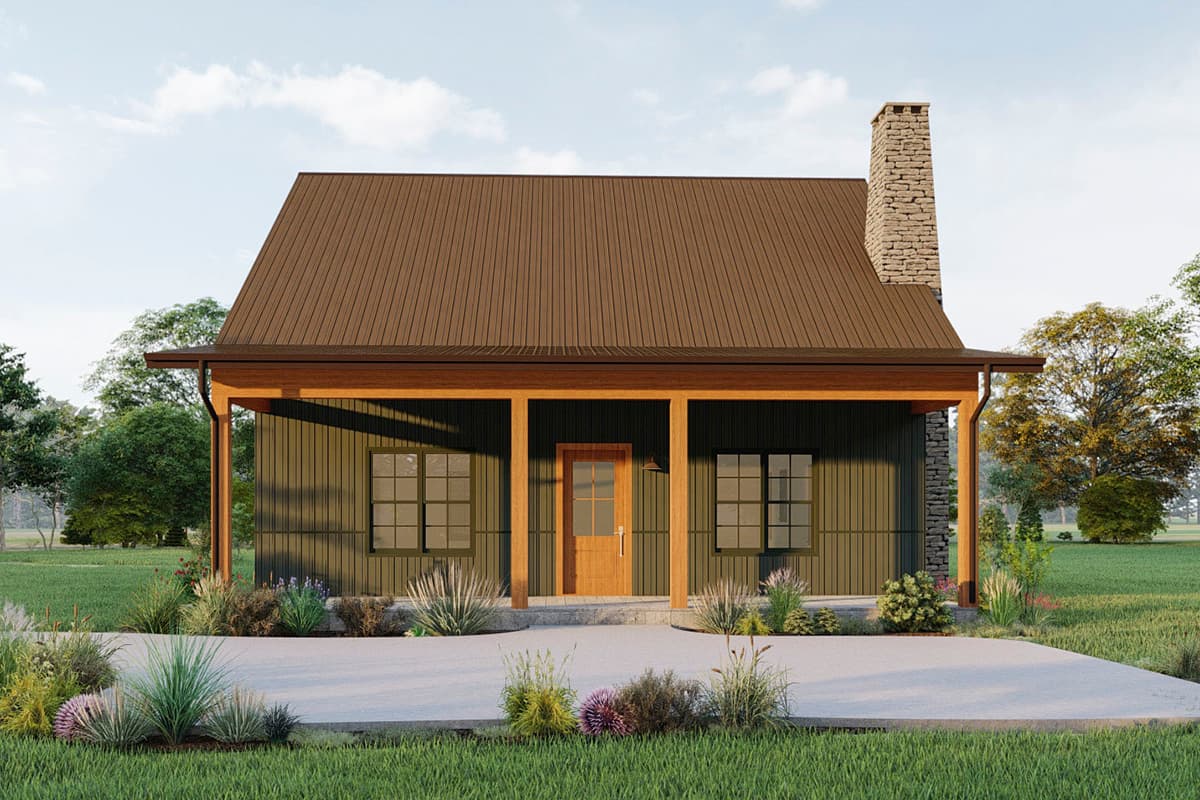 House plan exterior: One-story Modern Farmhouse with a covered front porch, gable roof, and stone chimney.