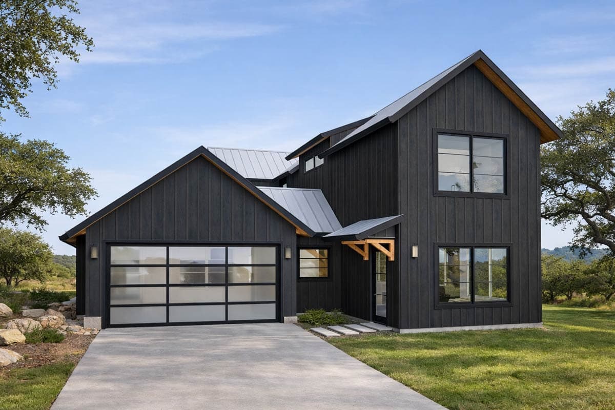 House plan exterior featuring Modern Farmhouse style, two stories, gabled rooflines, a glass garage door, and a covered entry.