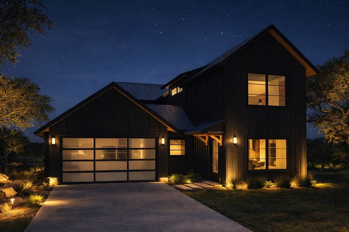 Modern farmhouse house plan exterior, two stories, with a metal roof, gable, and glass garage door at night.
