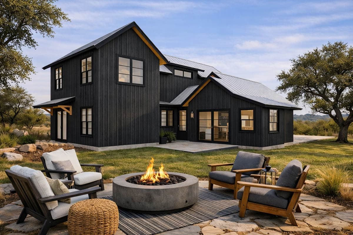 Modern Farmhouse house plan exterior, two stories, black vertical siding, metal gable roof, and prominent gables.