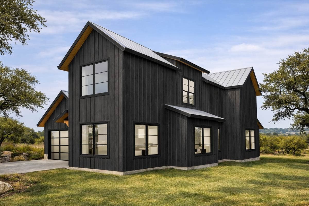 Modern Farmhouse house plan exterior with vertical siding, metal roof, gable rooflines, and attached garage.