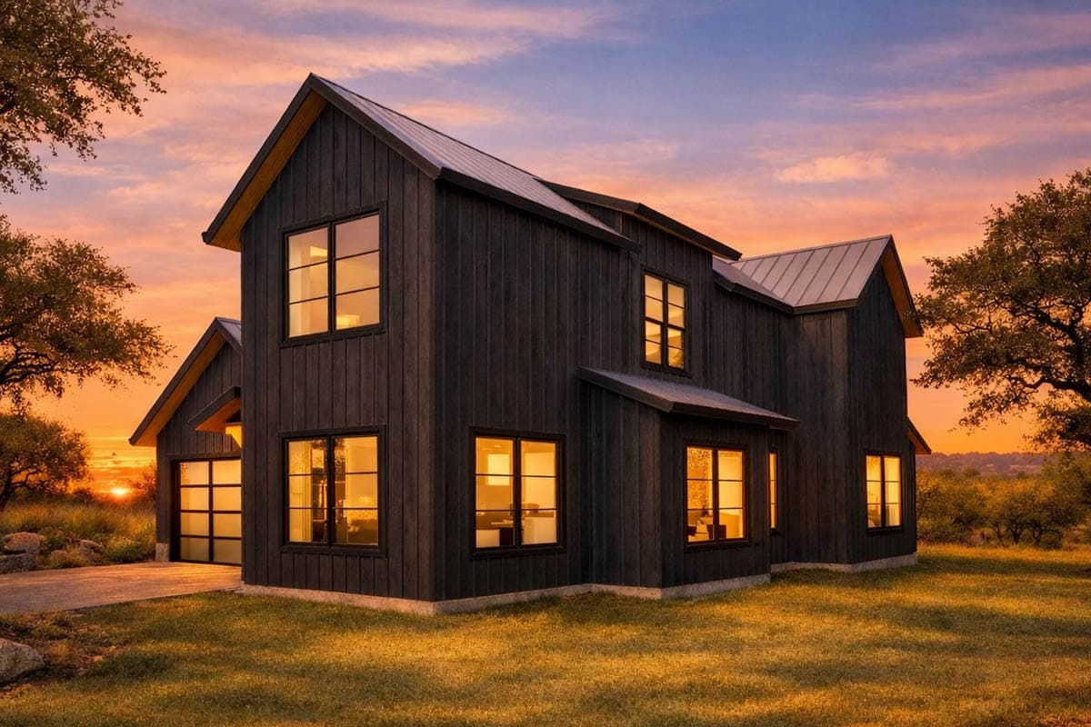 Modern Farmhouse house plan exterior. Two stories, dark vertical siding, metal gabled roof, large windows, attached garage.