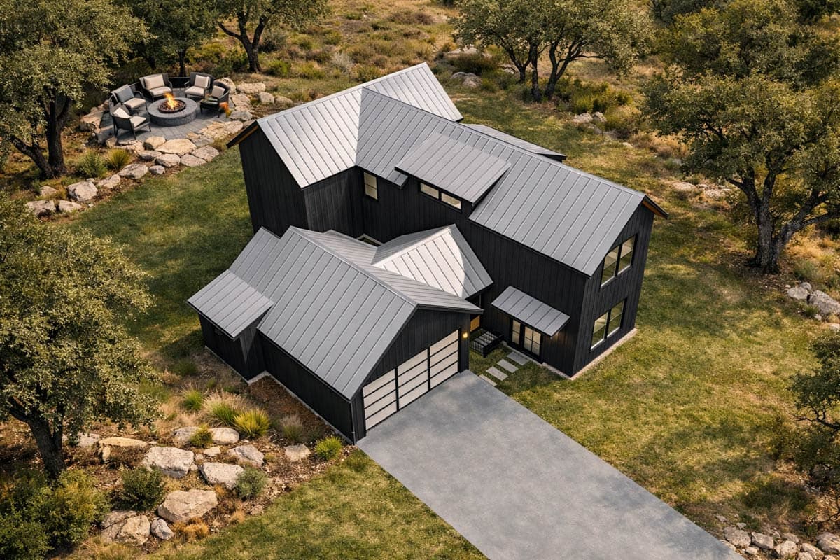 Modern house plan exterior with dark vertical siding, multiple gables, standing seam metal roof, and attached two-car garage.