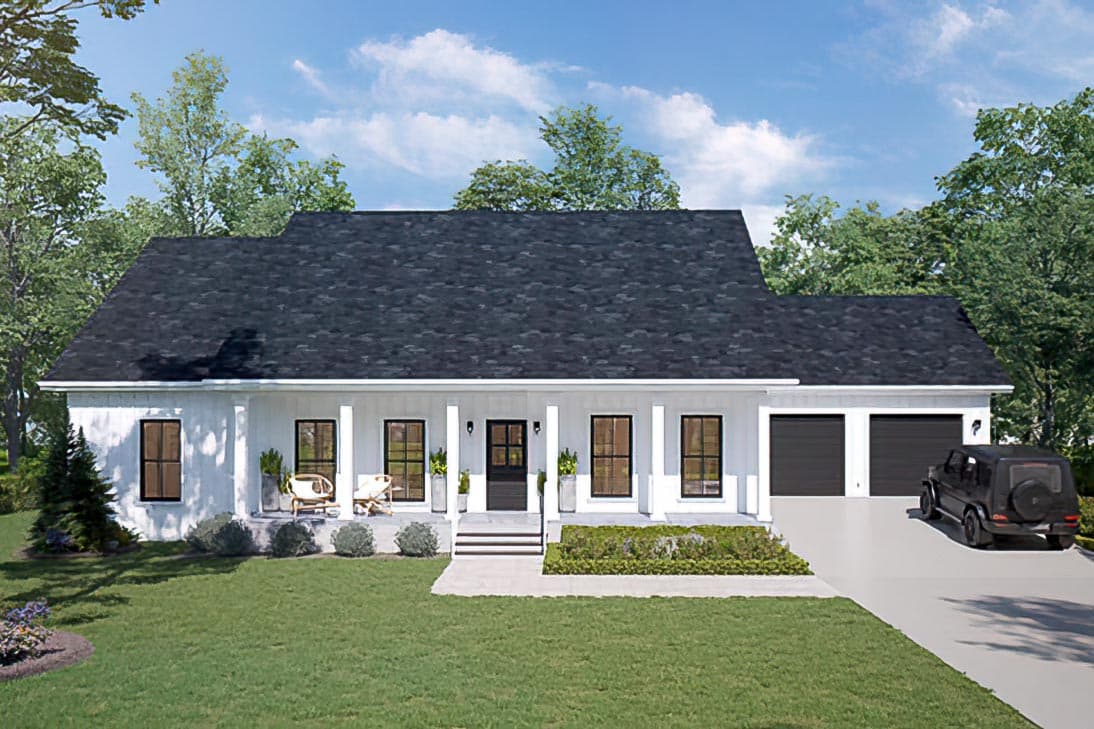 House plan exterior: Ranch style, single-story with a wide covered porch, gable roof, and a three-car garage.