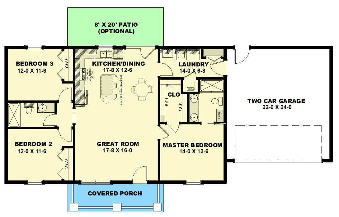 Plan 2543DH: New American Ranch with 3 Bedrooms and No Wasted Space - 1311 Sq Ft - Floor Plan - Main Level - Country, Craftsman, New American, Ranch