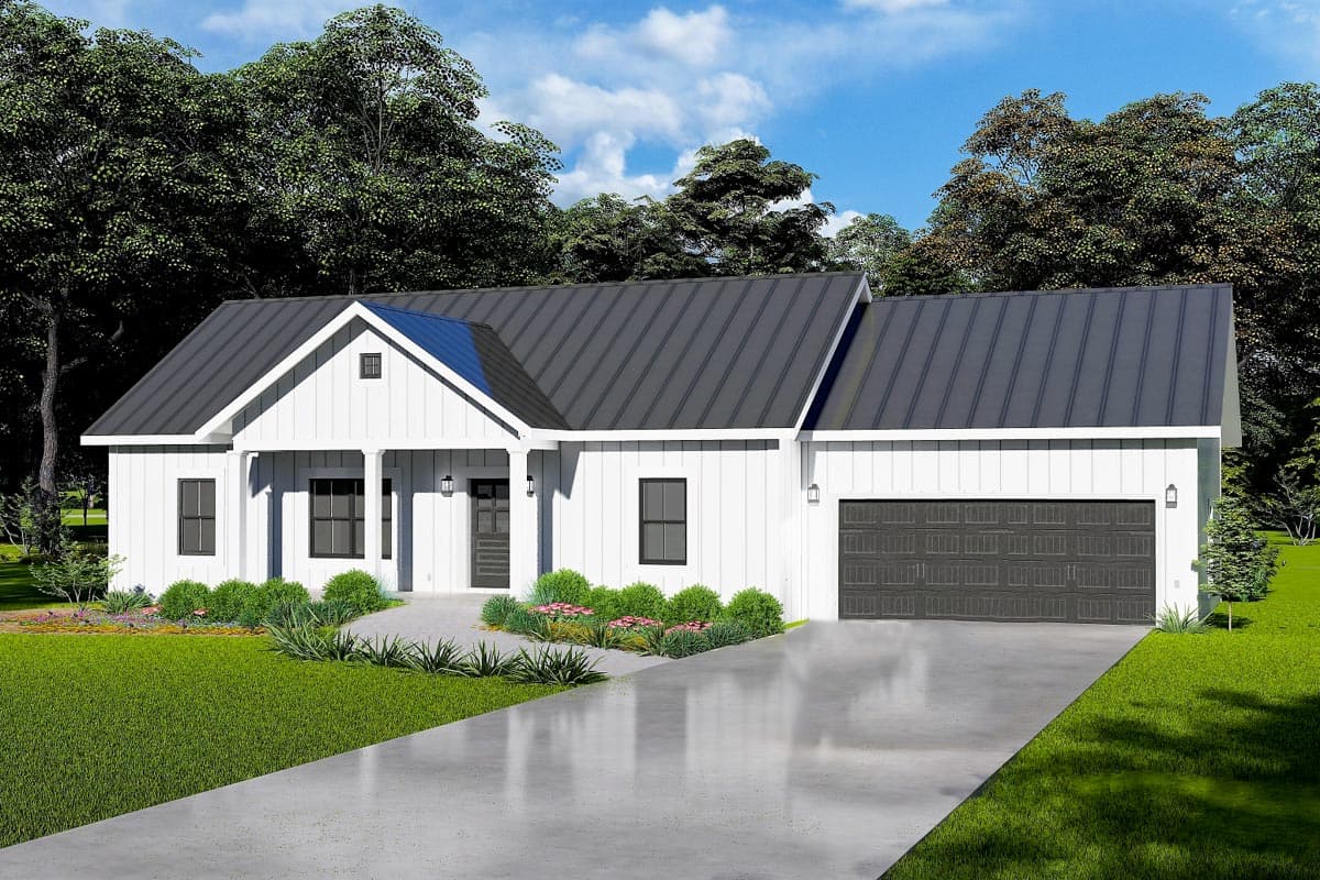 House plan exterior: Modern Farmhouse style, one-story, white board-and-batten siding, metal roof, front porch, attached garage.
