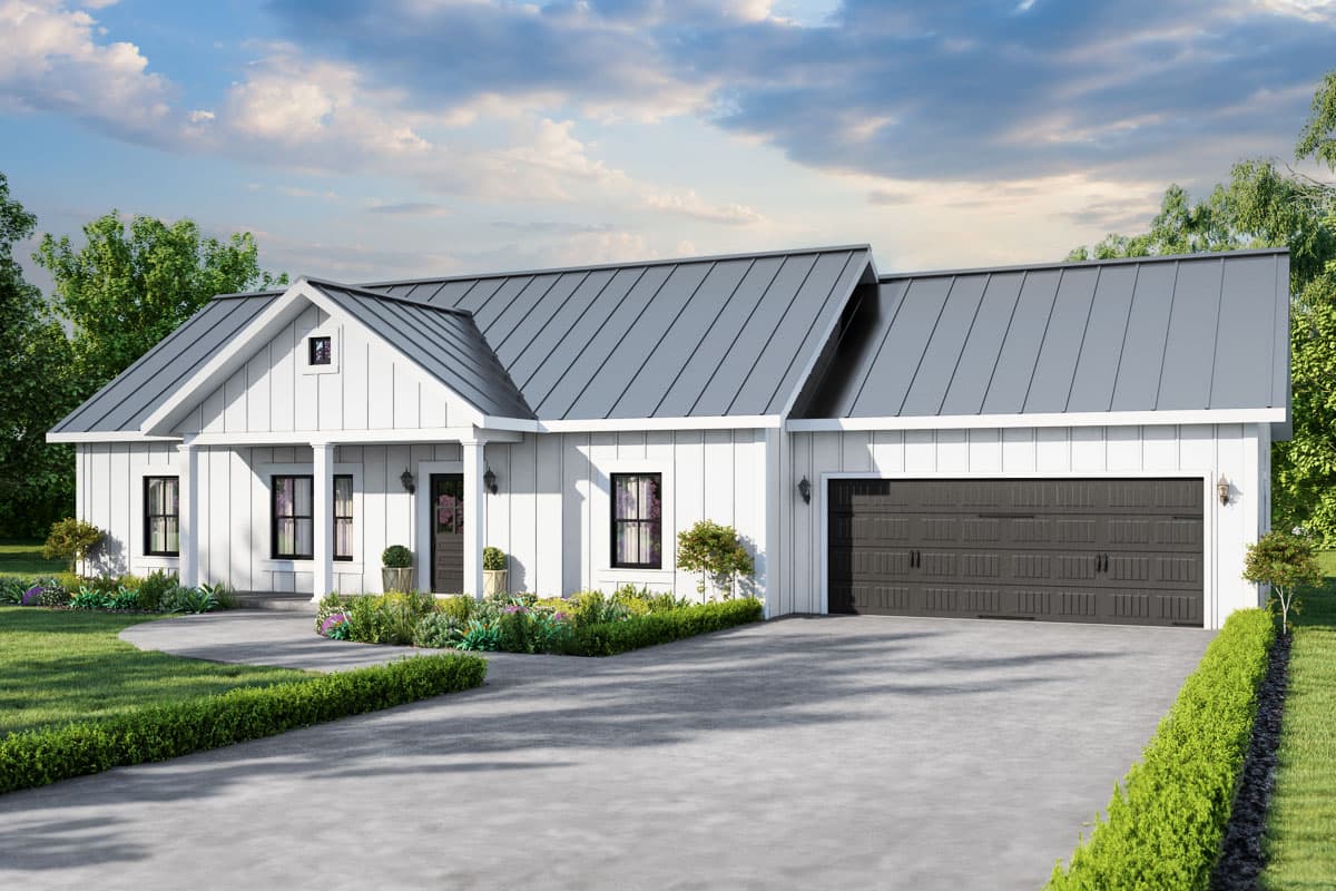 Modern Farmhouse house plan exterior with white board and batten siding, metal roof, front porch, and attached two-car garage.