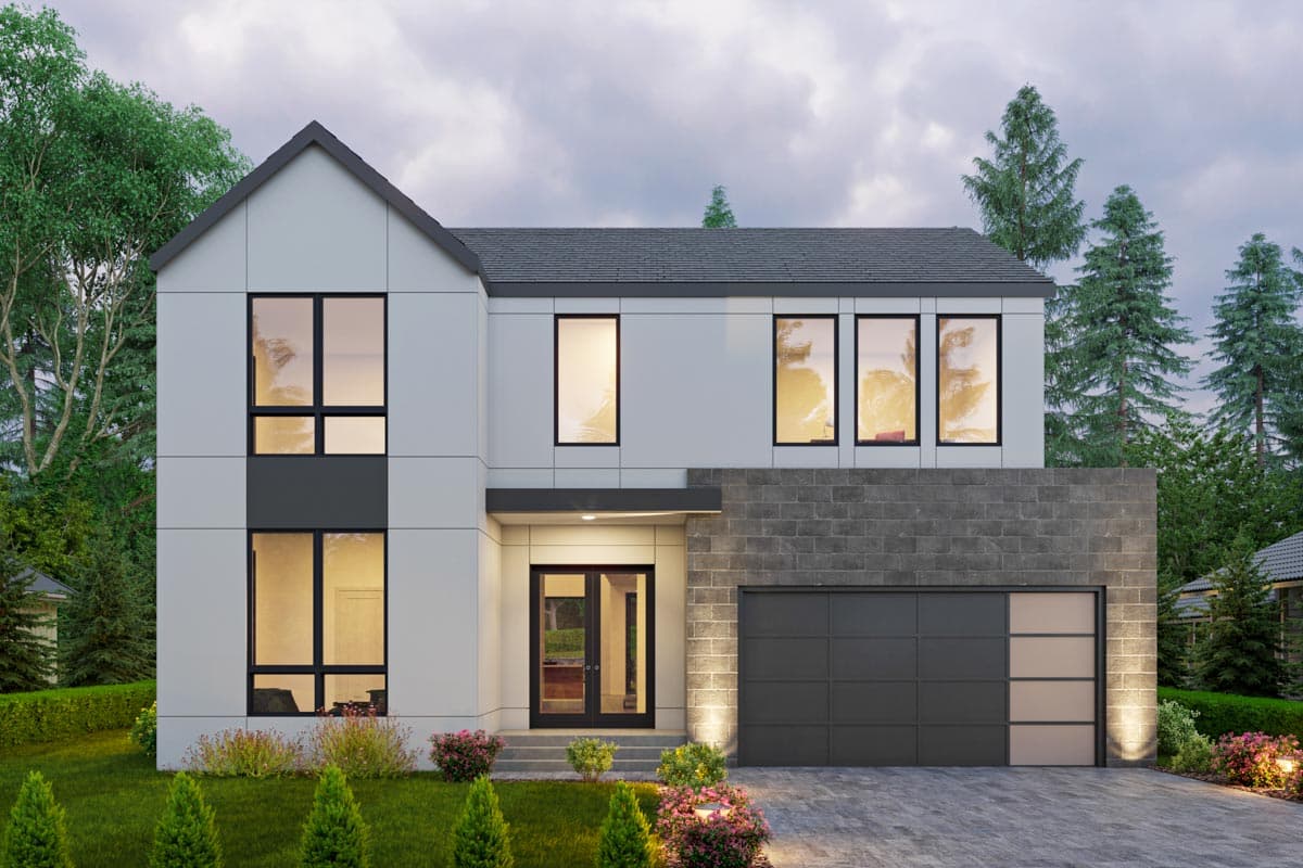 House plan exterior. Two-story modern house with a gabled roof, rectangular windows, a garage, and an entryway with double doors.