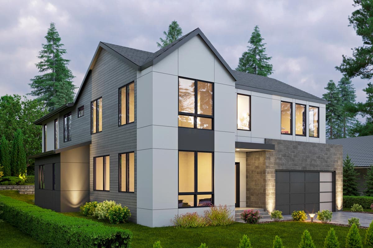 Modern house plan exterior with a two-story design, gabled rooflines, mixed siding, large windows, and stone-clad garage.
