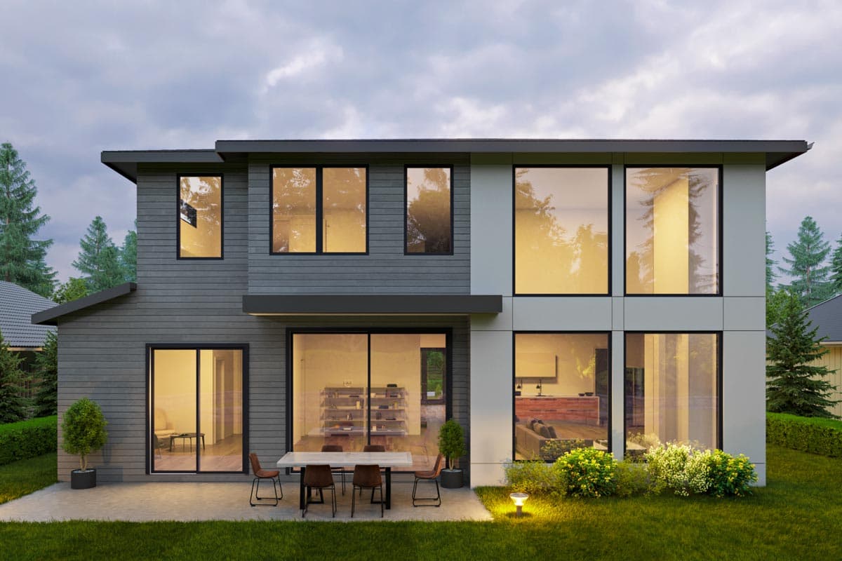 Modern two-story house plan exterior with horizontal siding, flat roof, and large windows.