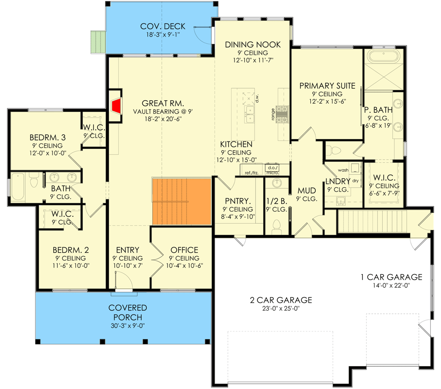 Plan 490023NAH: Modern Farmhouse Plan with Home Office and Vaulted Covered Rear Deck - Floor Plan - Main Level - Country, Craftsman, Farmhouse, Modern Farmhouse, New American