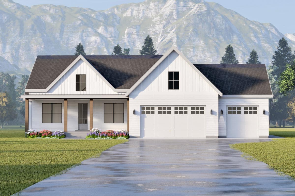 House plan exterior. Two-story Modern Farmhouse with gables, a covered porch, and a side-entry garage. Dark roof and white siding.
