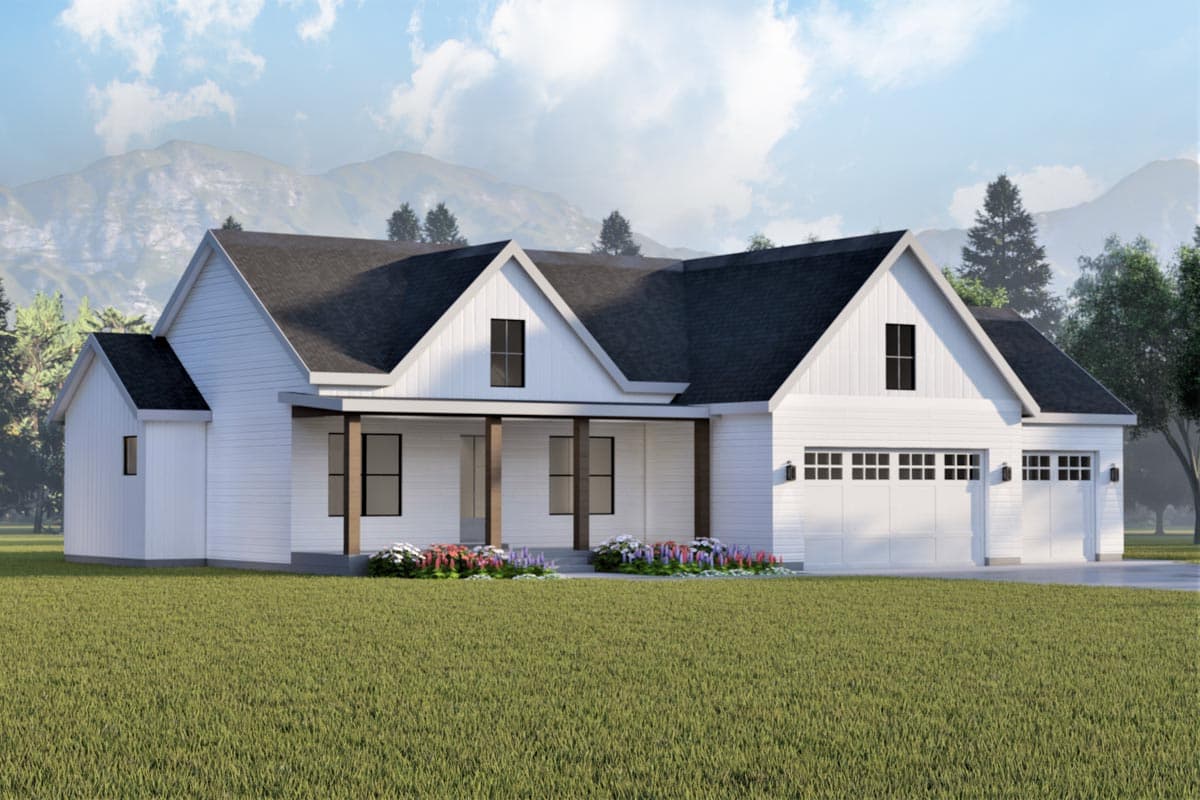 Modern Farmhouse house plan exterior with a covered porch, gables, dormer windows, and a triple-car garage.