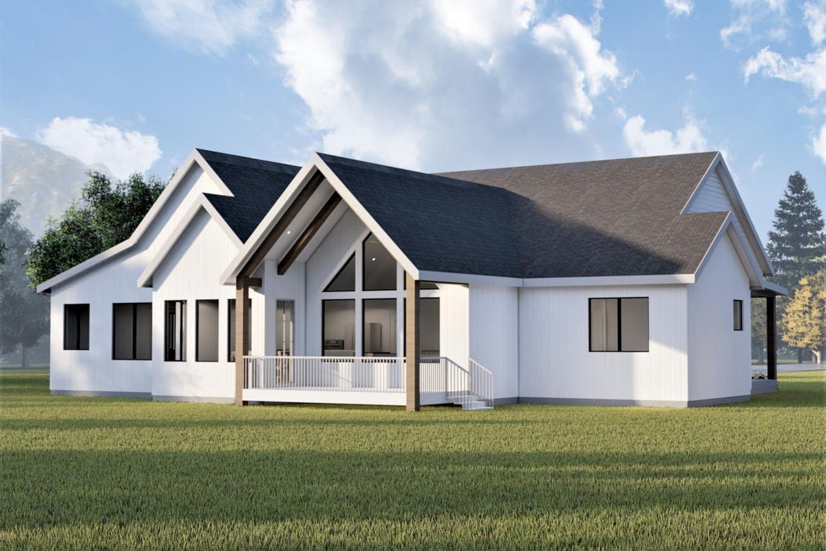 Modern house plan exterior with gabled rooflines, large A-frame window, and covered porch.